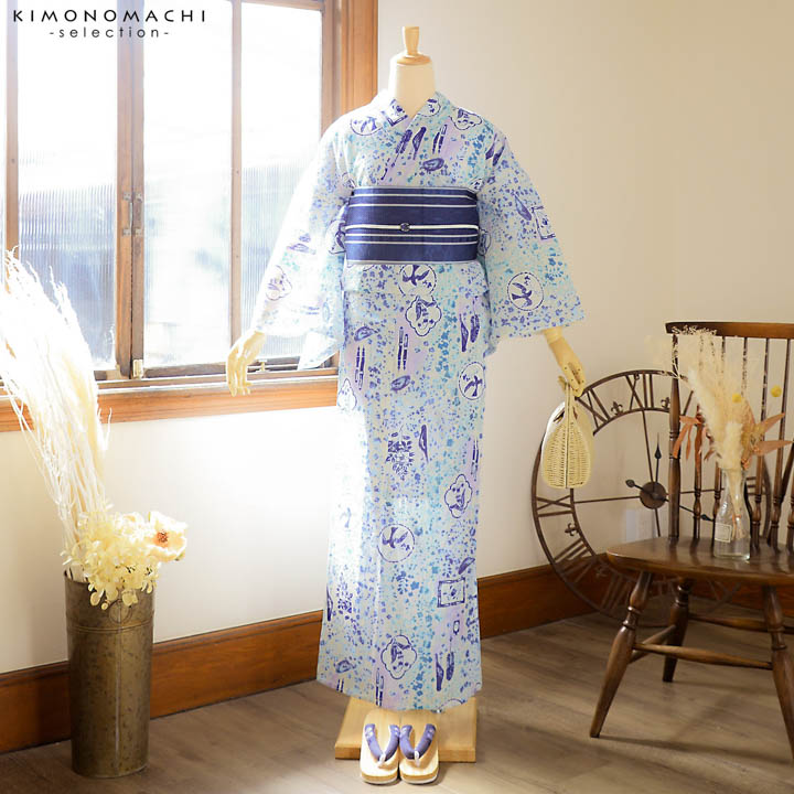みすゞうた 黄色と青の花柄 『小鳥と鈴と』ブランド浴衣 単品　フリーサイズ Prices down2）浴衣 レディース 単品 みすゞうた「黄色 小鳥と鈴