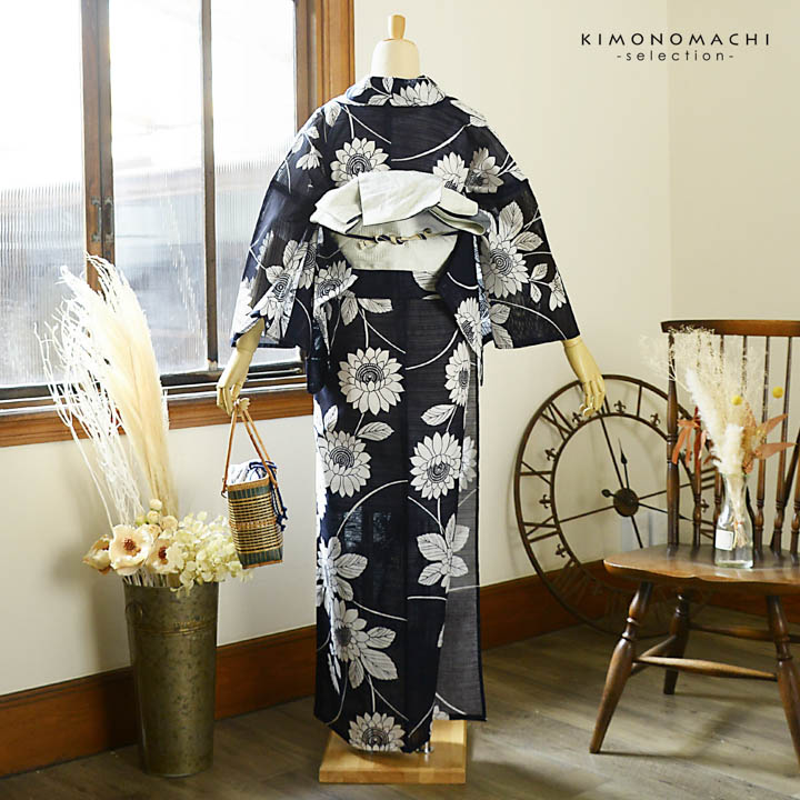 浴衣 レディース 単品 お仕立て上がり浴衣 綿絽浴衣「ひまわり 濃紺」F