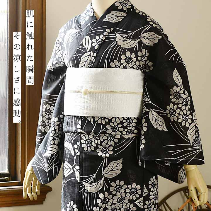 浴衣 レディース 単品 お仕立て上がり浴衣 綿絽浴衣「小菊とすすき 墨