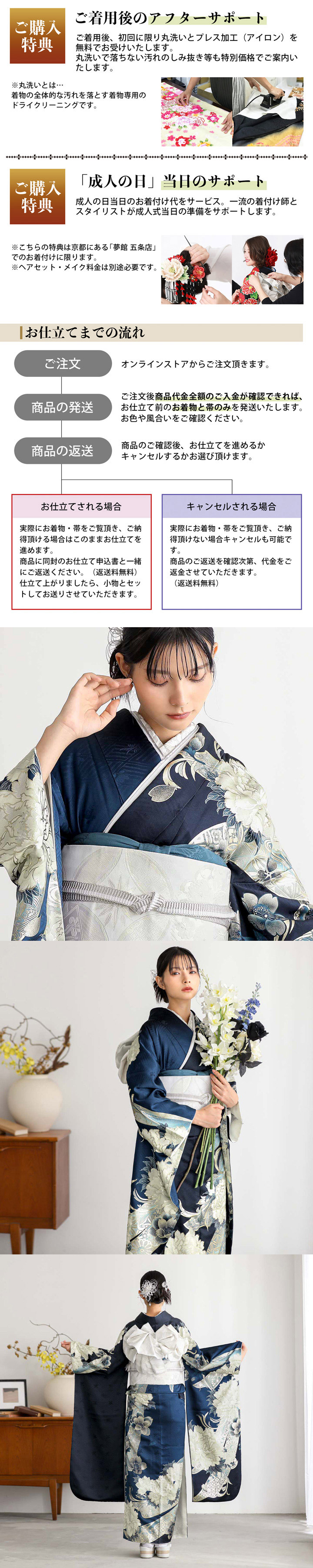 未仕立て 振袖 22点セット「紺 牡丹に熨斗」仮絵羽 振り袖 正絹 着物 ブランド振袖 成人式 結婚式 結納 パーティー 晴れ着 【メール便不可】
