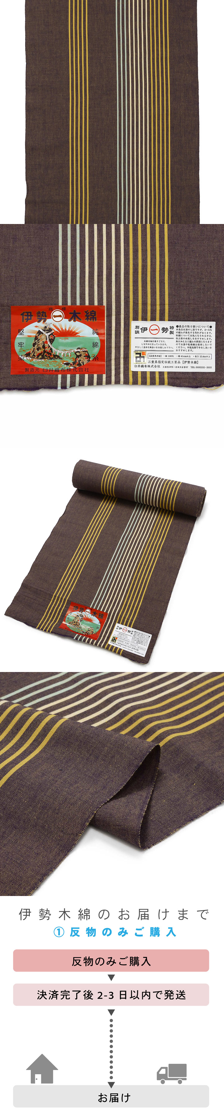 伊勢木綿 洗える着物 反物 レディース「縞 栗皮色地、薄荷」未仕立て