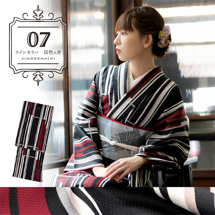 KIMONOMACHI 洗える着物 袷着物単品「ストライプブーケ・ばら・ライン