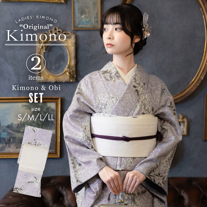 KIMONOMACHI 洗える着物 セット「袷着物：アラベスクに南天 黒色＋京