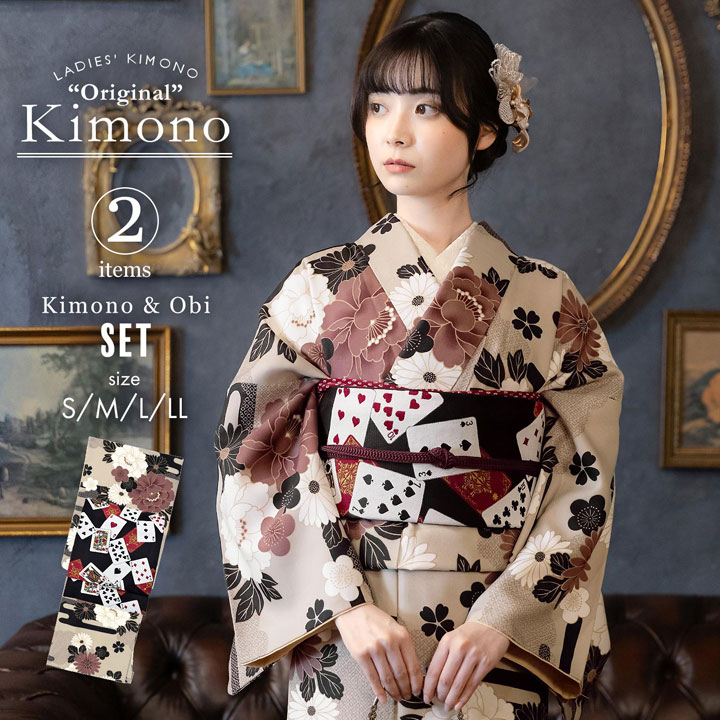 KIMONOMACHI 洗える着物 セット「袷着物：アラベスクに南天 黒色＋京
