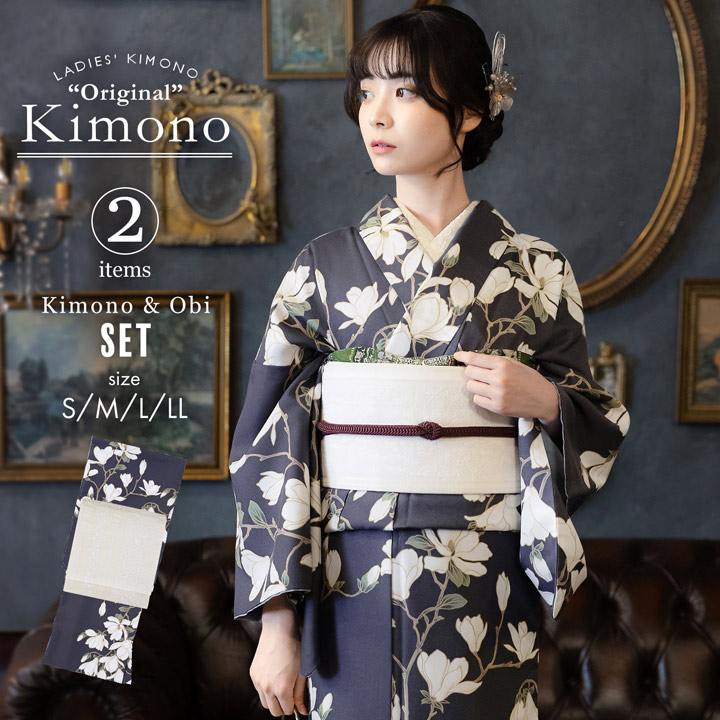 KIMONOMACHI 洗える着物 セット「袷着物：銀木犀 黒色＋京袋帯：薄暮の
