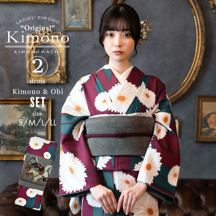 KIMONOMACHI 洗える着物 セット「袷着物：鶴と花紋に紗綾形 紺色＋京