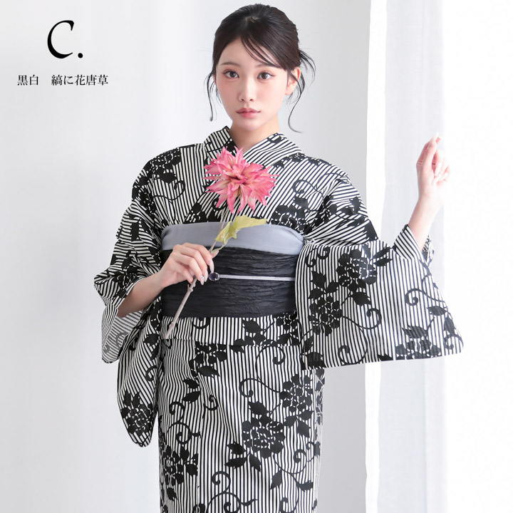 浴衣 レディース 女性 2点セット (浴衣+しわ兵児帯)「芒・菊・縞に花