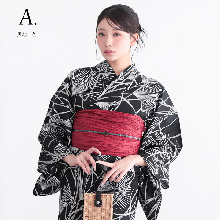 浴衣 レディース 女性 2点セット (浴衣+しわ兵児帯)「芒・菊・縞に花
