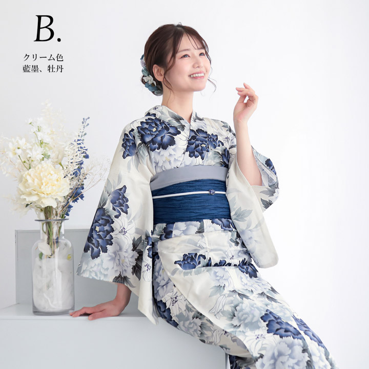 浴衣 レディース 女性 2点セット (浴衣+しわ兵児帯)「牡丹・百合・鉄紺