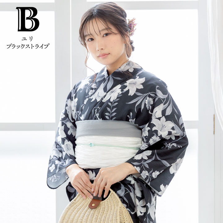 浴衣 レディース 女性 2点セット (浴衣+しわ兵児帯)「椿・ユリ・ポピー