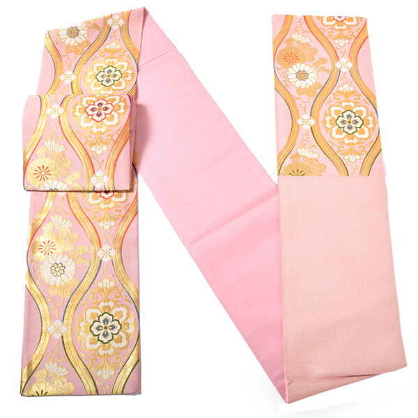 【中古品】仕立上がり 振袖用 袋帯 単品「ピンク 立涌華文」仕立て上がり 振袖用 礼装用袋帯 六通柄 成人式 貸衣装処分 レンタル処分品【メール便不可】