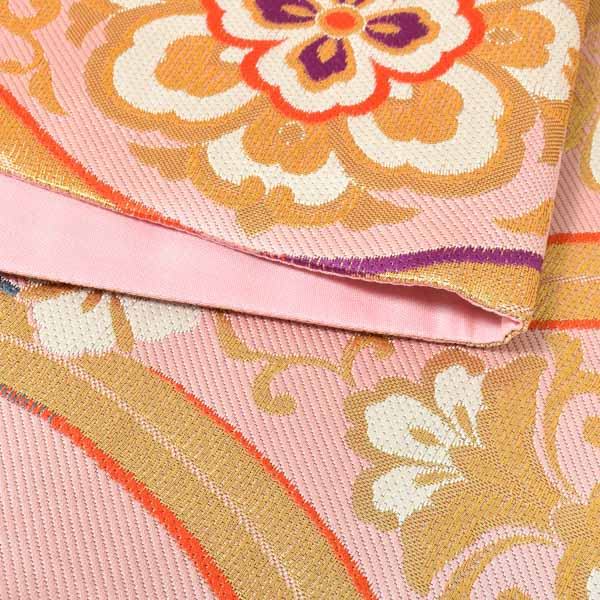 【中古品】仕立上がり 振袖用 袋帯 単品「ピンク 立涌華文」仕立て上がり 振袖用 礼装用袋帯 六通柄 成人式 貸衣装処分 レンタル処分品【メール便不可】