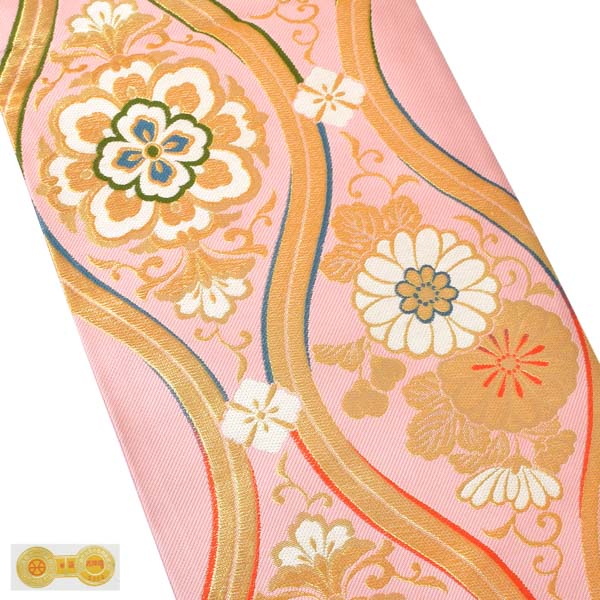 【中古品】仕立上がり 振袖用 袋帯 単品「ピンク 立涌華文」仕立て上がり 振袖用 礼装用袋帯 六通柄 成人式 貸衣装処分 レンタル処分品【メール便不可】