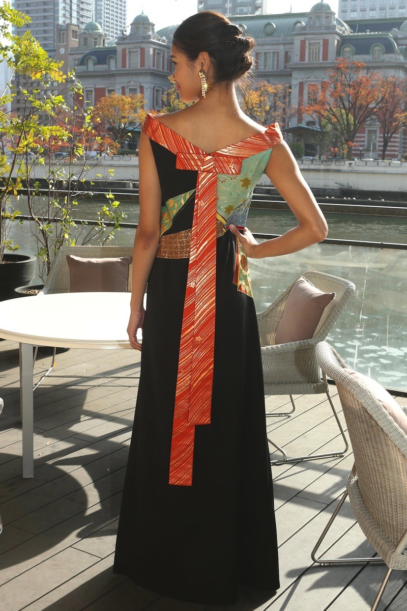 2087一点物の正絹帯と留袖のドレス【着物ドレス 着物リメイクドレス 和