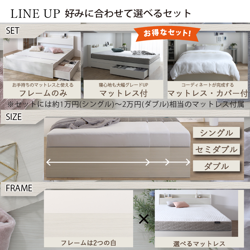 ベッド 白 セミダブルベッド 収納付き 白い ホワイト おしゃれ 可愛い 