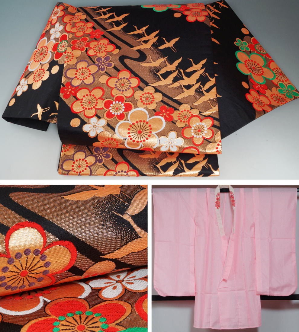 604ag71□七五三 七歳 女児 着物&袋帯 金駒刺繍 鶴 雲取り□状態良好
