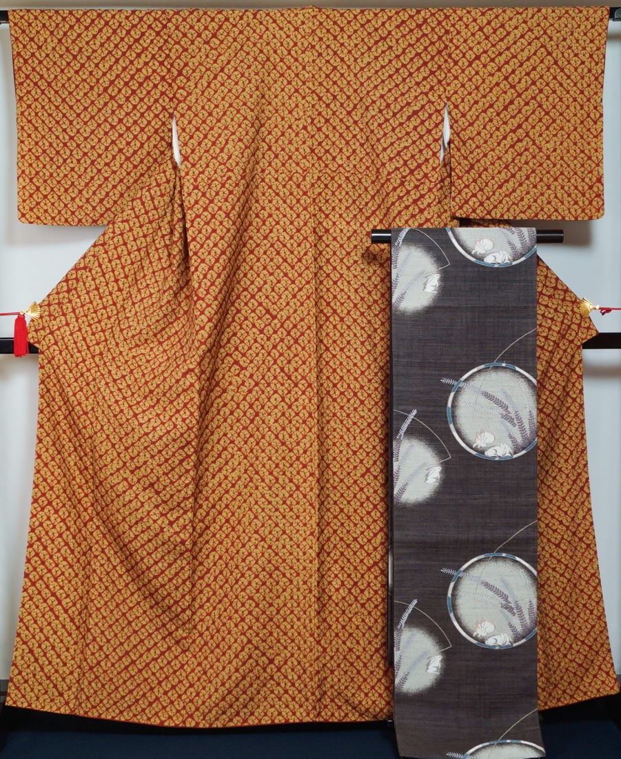着物セット 貝絞りの紬・未使用品洒落袋帯 ２点 セット 貝絞り