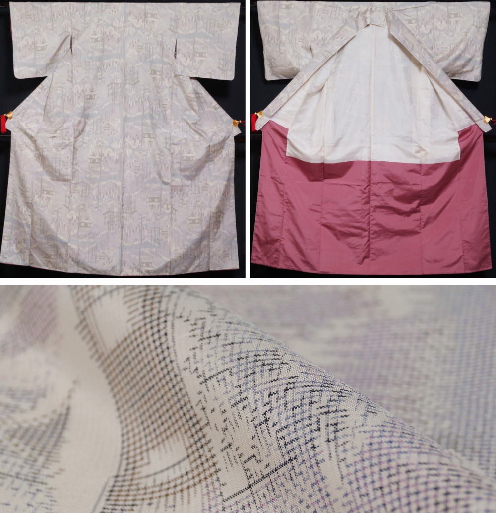 送料無料 着物セット 紬 名古屋帯 ２点 セット 森林に寺院模様 乳白色 白紬 名古屋帯 帯 紬 平織 紬 紬の着物 リサイクル着物 リサイクル紬 正絹 格安即決 Neocead Com