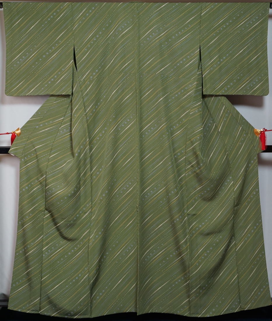 単衣 着物 小紋 広巾サイズ 小花・ドットライン模様 松葉色 正絹 