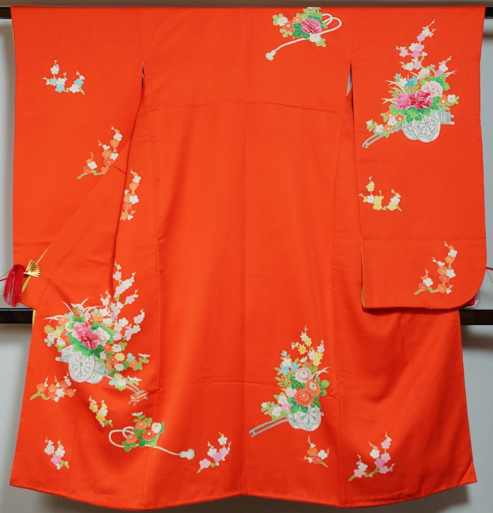 七五三 7歳 着物 比翼付き 花車模様 朱色系 正絹 お祝い着 七歳 7歳