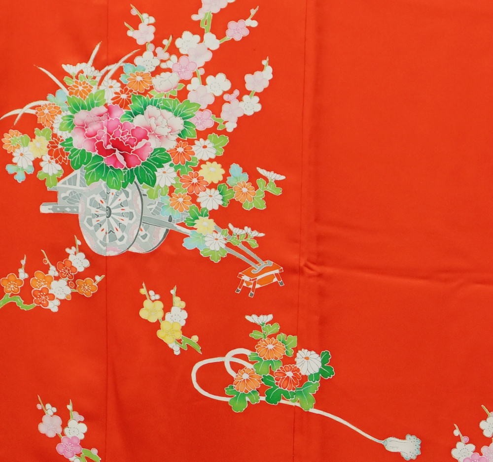 七五三 7歳 着物 比翼付き 花車模様 朱色系 正絹 お祝い着 七歳 7歳