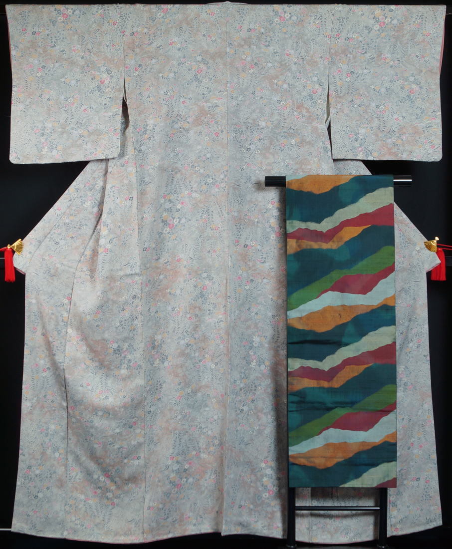 着物セット 正絹 紬小紋と正絹帯４点セット（袷：フリー：紫地に格子柄 