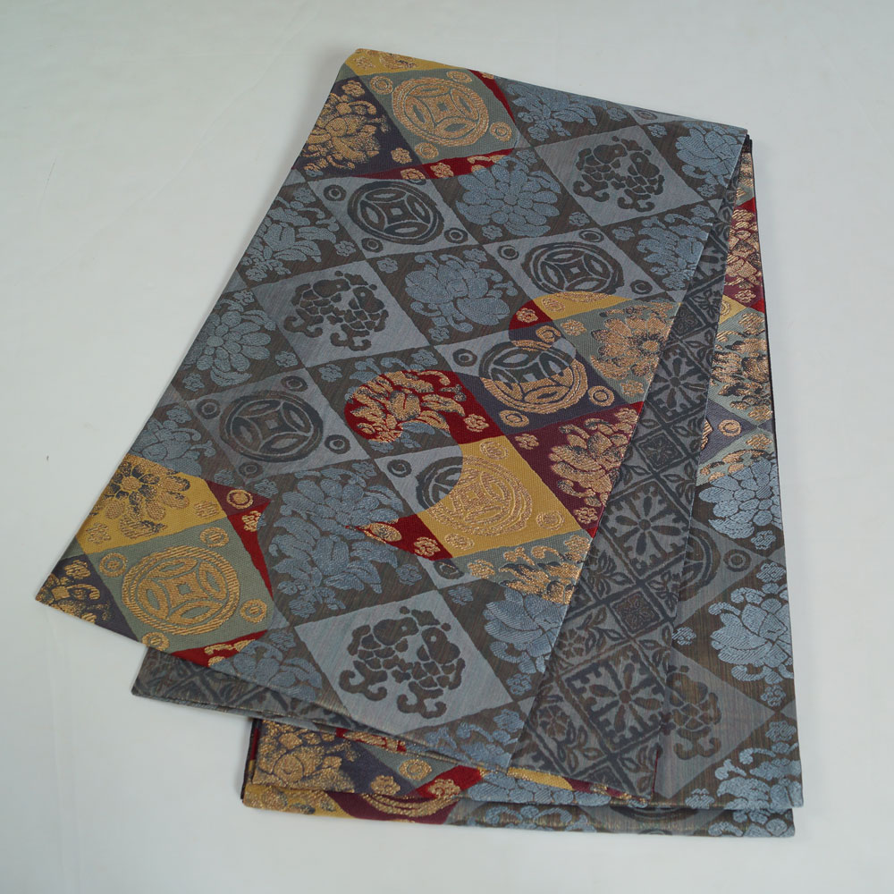 袋帯 西陣 中村源織物 未使用品 菱取に吉祥、波頭模様 金糸