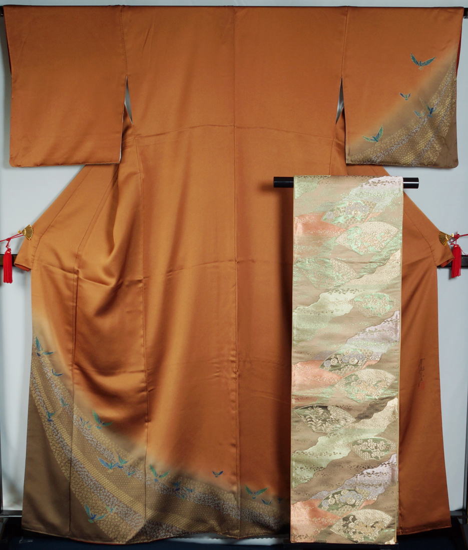 着物セット 斉藤三才 付下げ訪問着・袋帯 2点 セット 落款有り 裄長