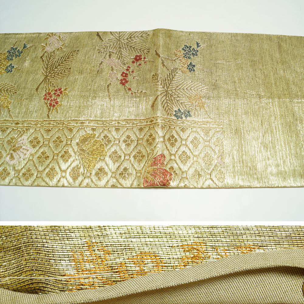 袋帯 誉田屋源兵衛 桜蘭織 蜀江に春秋若松、胡蝶模様 金糸 誉田屋 唐織