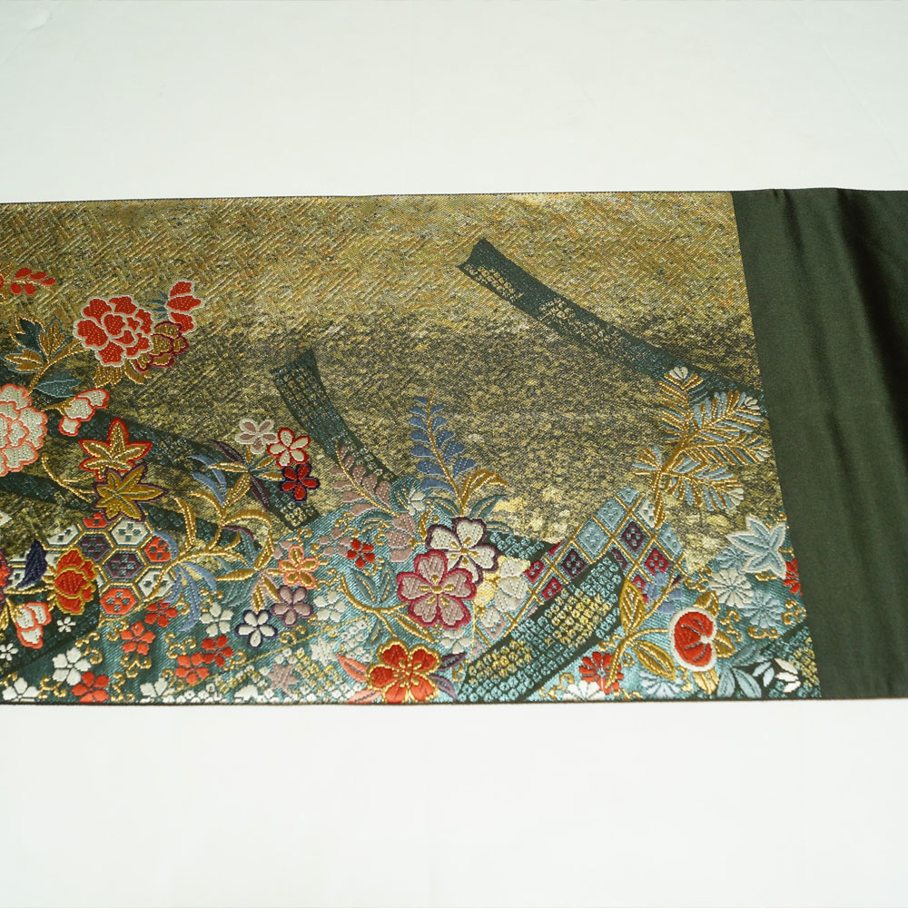 袋帯 短冊に百花模様 振袖用 金糸 渋めの瀞金・藍媚茶色系 六通柄 送料