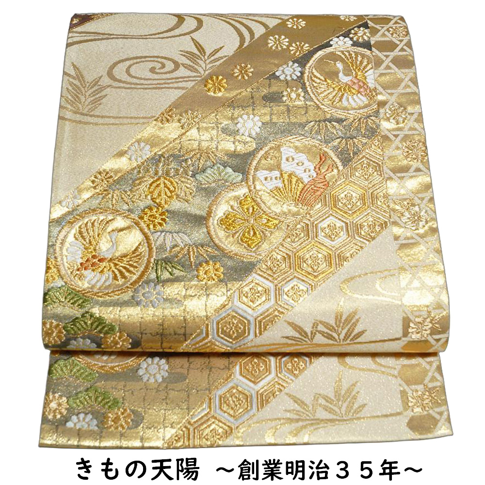 袋帯 未使用品 短冊に丸紋・吉祥模様 綴れ 唐織 金糸 六通柄 金・生成