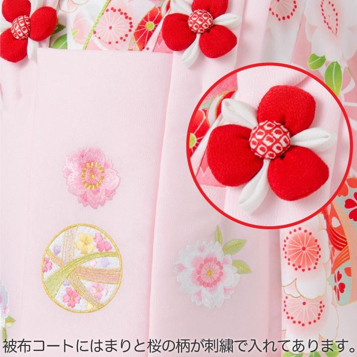 七五三 着物 3歳 女の子 被布セット京都花ひめ 赤地着物被布白刺繍使い桜まり