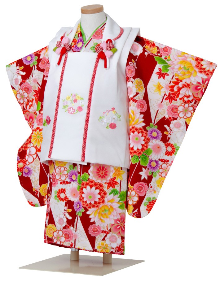 七五三 着物 3歳 被布セット 女の子 京都花ひめ 赤の着物 白の被布 