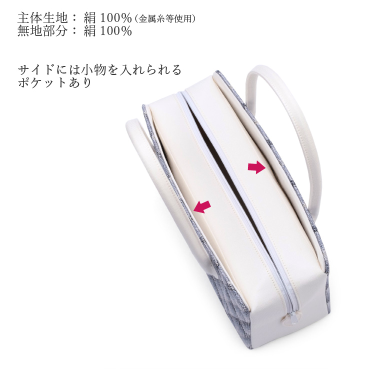 和装用バッグ 花柄ホワイト×水色 花しおり 和装バッグ 利休バッグ 正絹 青 ブルー フリーサイズ