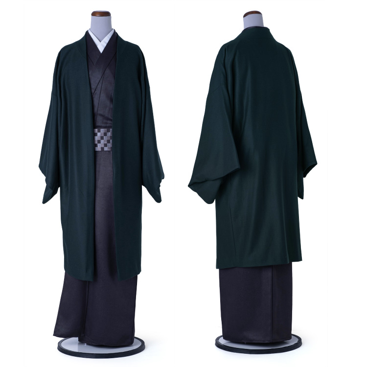 撫松庵　アンゴラ混ファー付きウール着物コート　黒　裄丈７３.５　身丈１０７ 撫松庵 コート 男女兼用 猫獣戯画 濃緑 グリーン レディース 女性用
