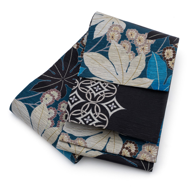 半幅帯 正絹 召しませ花 ヤツデA リバーシブル 両面 青 ブルー 黒