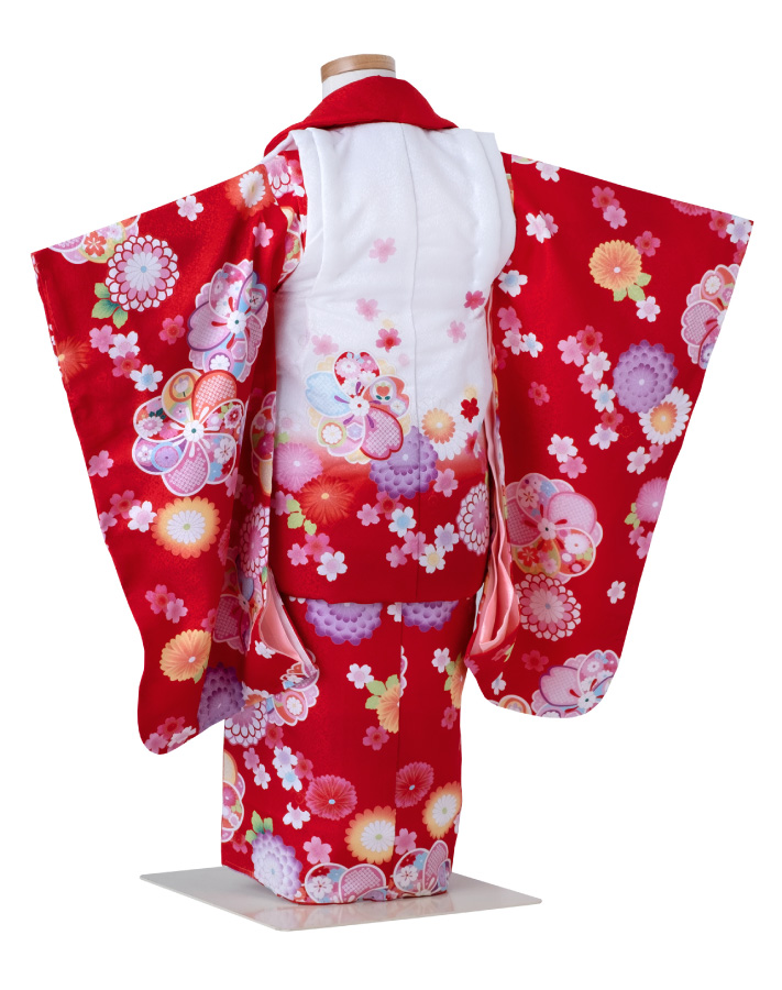 七五三 着物 3歳 被布セット 女の子 赤の着物 白と赤の被布コート A-7 桜 菊 花柄 フルセット 販売 購入