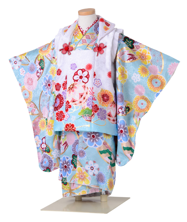 七五三 着物 3歳 被布セット 女の子 水色 ブルー BL-01 水色の着物 白