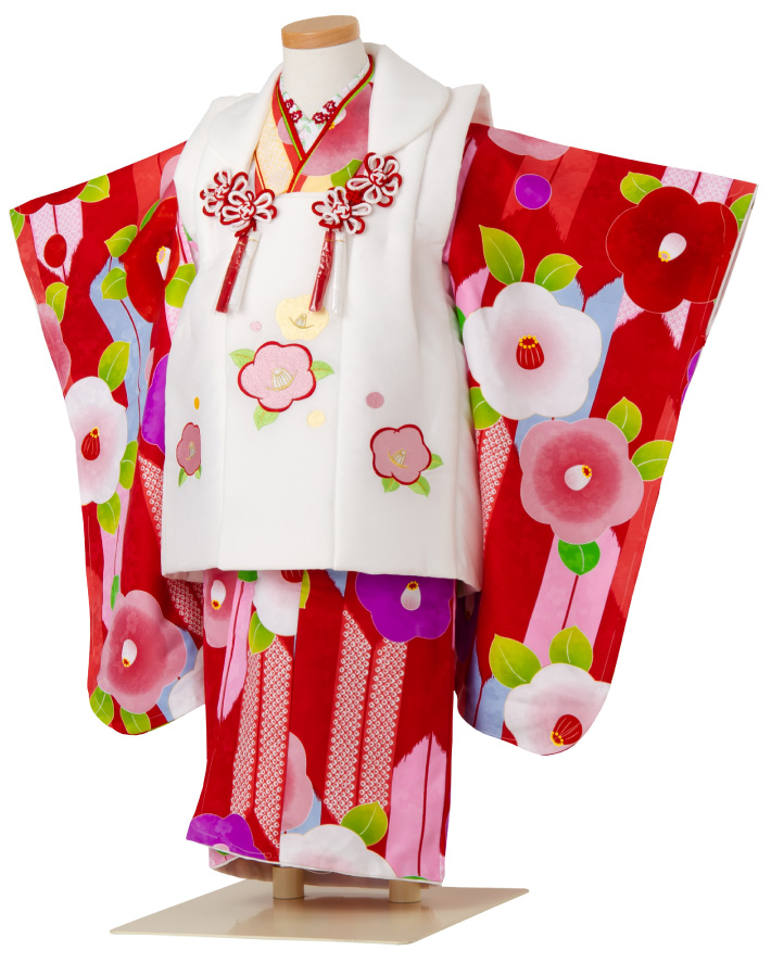七五三 753 着物 3歳 被布セット 女の子 京都花ひめ 椿5 赤の着物 白色の被布コート つばき 椿 フルセット 販売 購入 hifuset-00041｜kimonowatakyu-store｜02