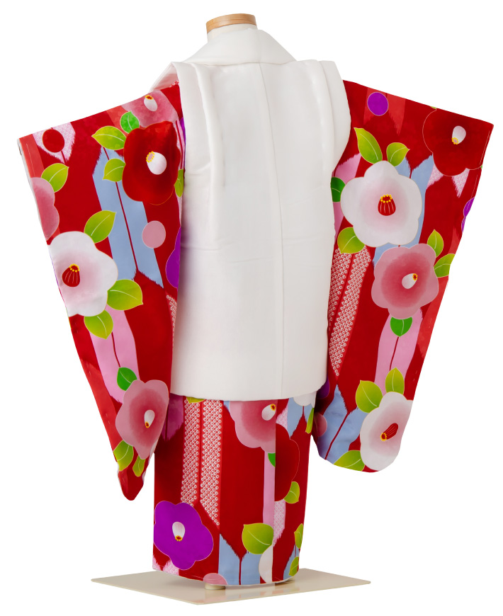 七五三 753 着物 3歳 被布セット 女の子 京都花ひめ 椿5 赤の着物 白色の被布コート つばき 椿 フルセット 販売 購入 hifuset-00041｜kimonowatakyu-store｜03