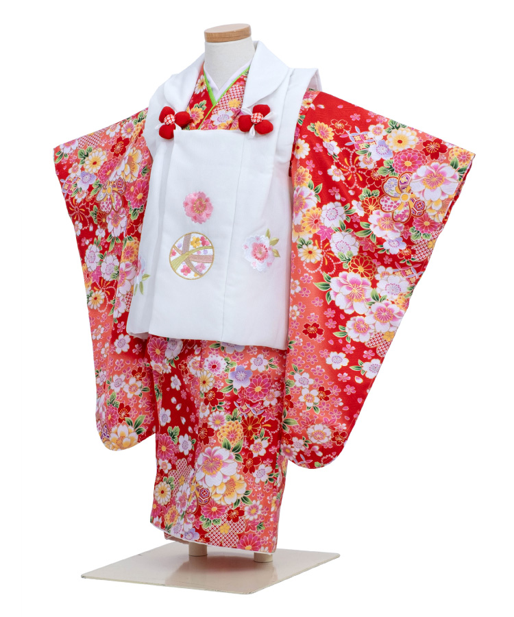 七五三 着物 3歳 被布セット ねじり 赤 レッド フルセット 毬 桜 花柄