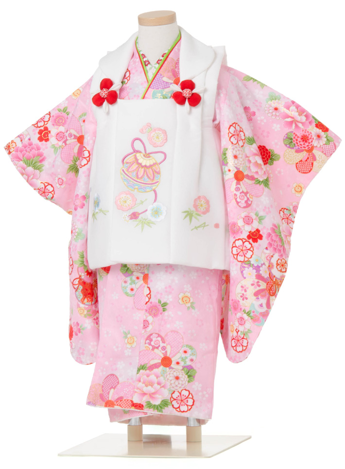 七五三 着物 3歳 被布セット 女の子 京都花ひめ 鈴2 ピンクの着物 白色
