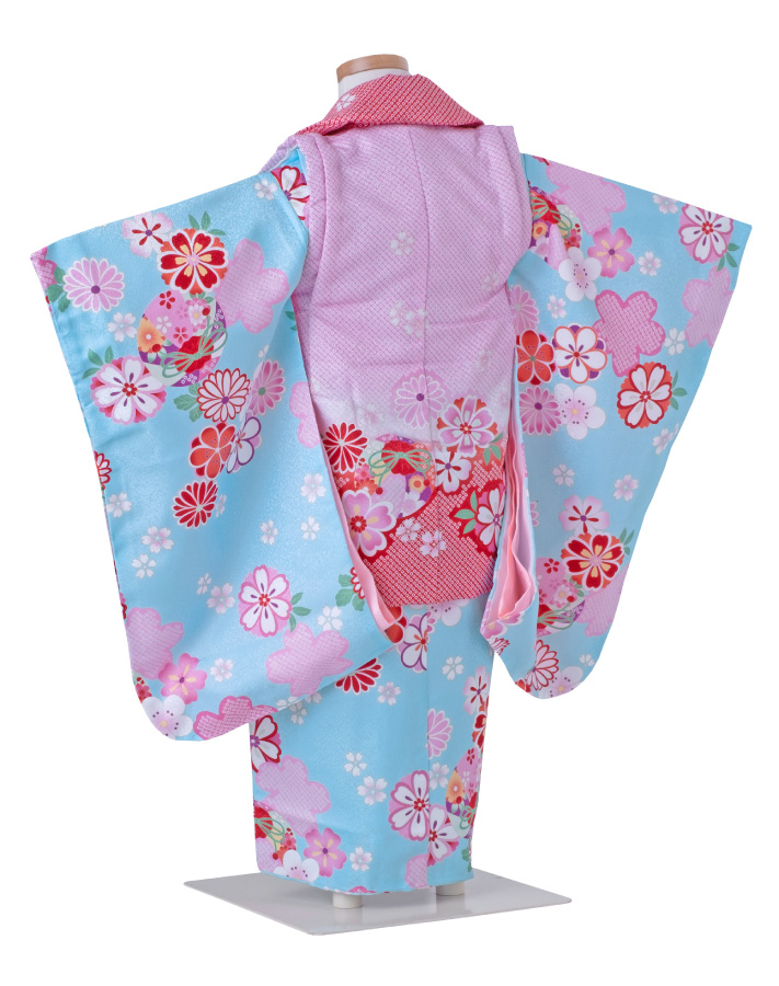 七五三 着物 3歳 被布セット 女の子 水色の着物 ピンクと赤の被布