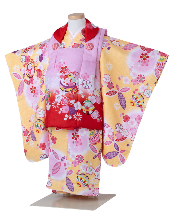 七五三 着物 3歳 被布セット 女の子 黄色の着物 ピンクと赤の