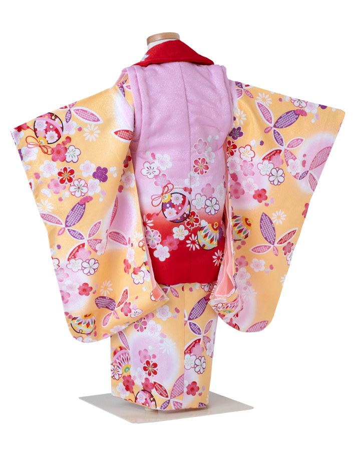 七五三 着物セット花柄 鞠 七五三 着物 3歳 被布セット 女の子 黄色の着物 ピンクと赤の