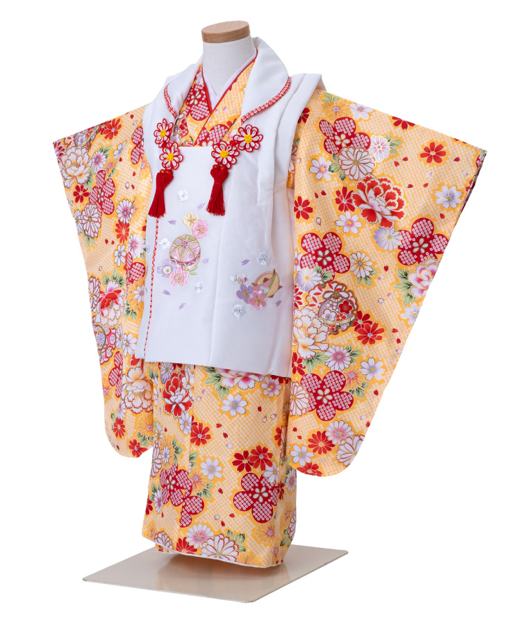 七五三 着物 3歳  被布セット 疋田 黄 イエロー フルセット 毬 桜 花柄 被布 被布コート 販売 購入