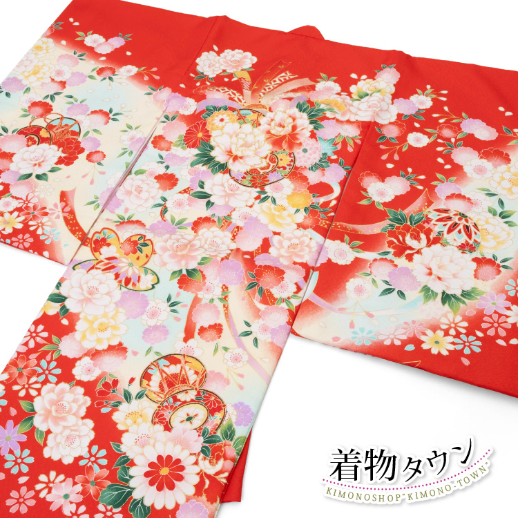 お宮参り 着物 女の子 初着 産着 ポリエステル 鼓 牡丹 桜 赤 レッド