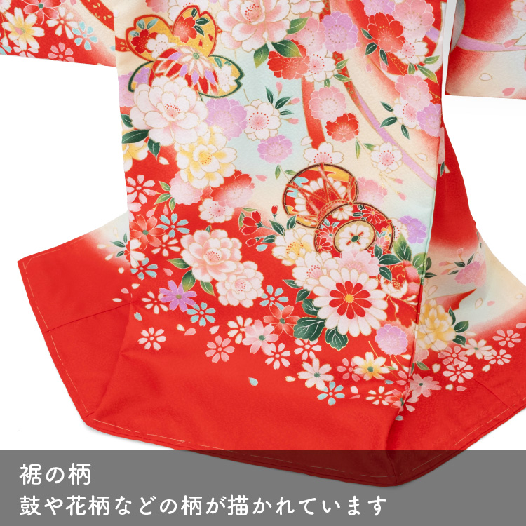 お宮参り 着物 女の子 初着 産着 ポリエステル 鼓 牡丹 桜 赤 レッド