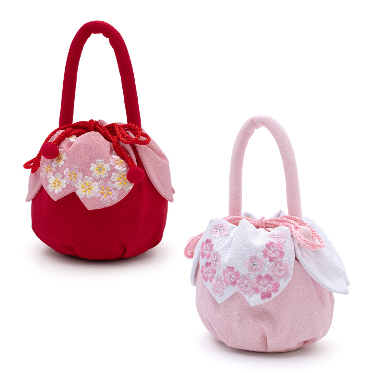 七五三 3歳 7歳 巾着 単品 全2色 赤 レッド ピンク 753 小物 バッグ 手提げ ポーチ 3才 三才 三歳 バッグ 女児 巾着袋