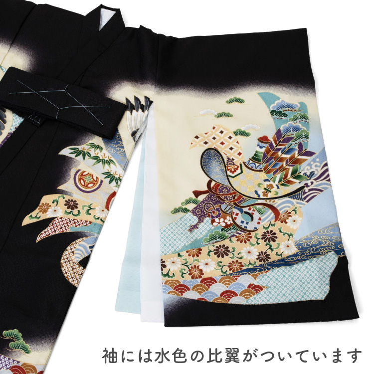 お宮参り 着物 男の子 初着 産着 ポリエステル 鷹 兜 黒 ブラック 刺繍